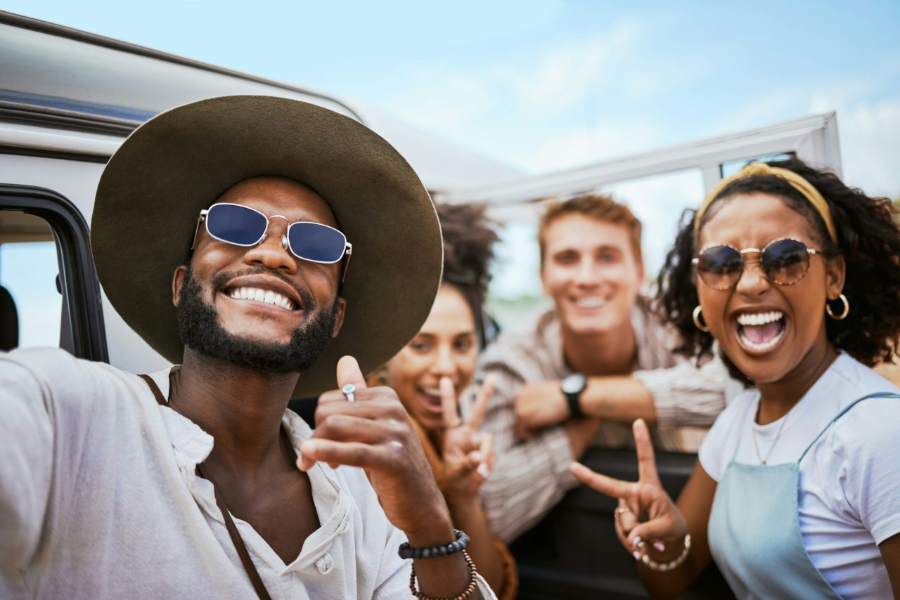 Travel Adventure And Selfie With Friends Celebrating Freedom And Showing Hand Peace Sign Outdoors